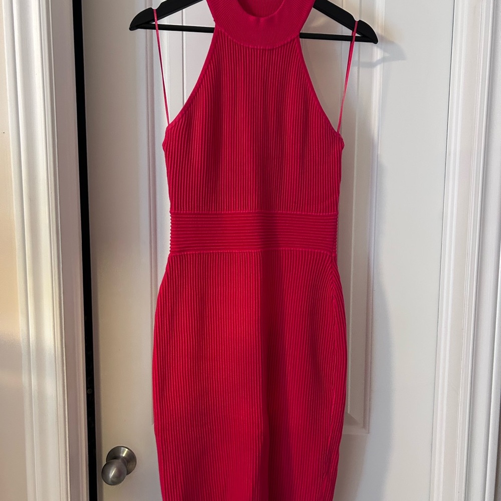 GUESS Ribbed Halter Midi Dress in Bright Pink